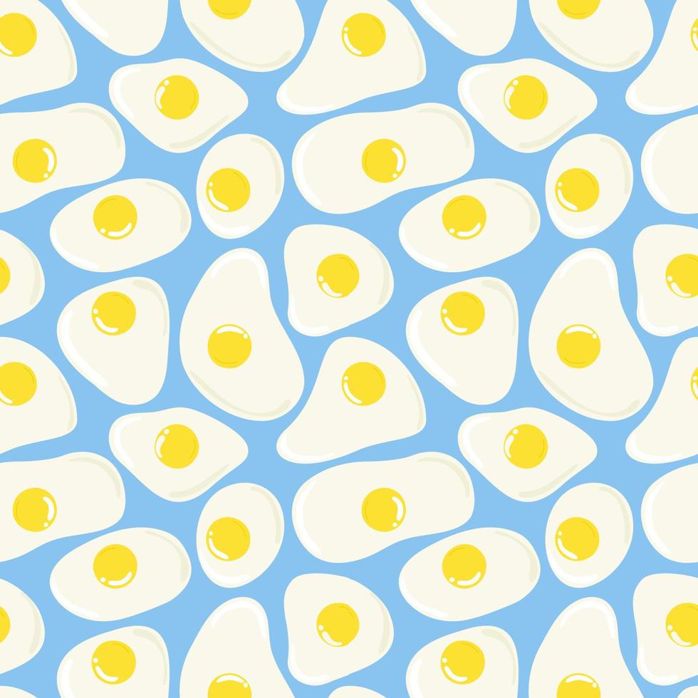 Fried eggs motifs on light blue background seamless pattern. Cute funny breakfast menu template. Abstract simple scrambled eggs diggerent white shapes. Circle yellow yolks vector illustration