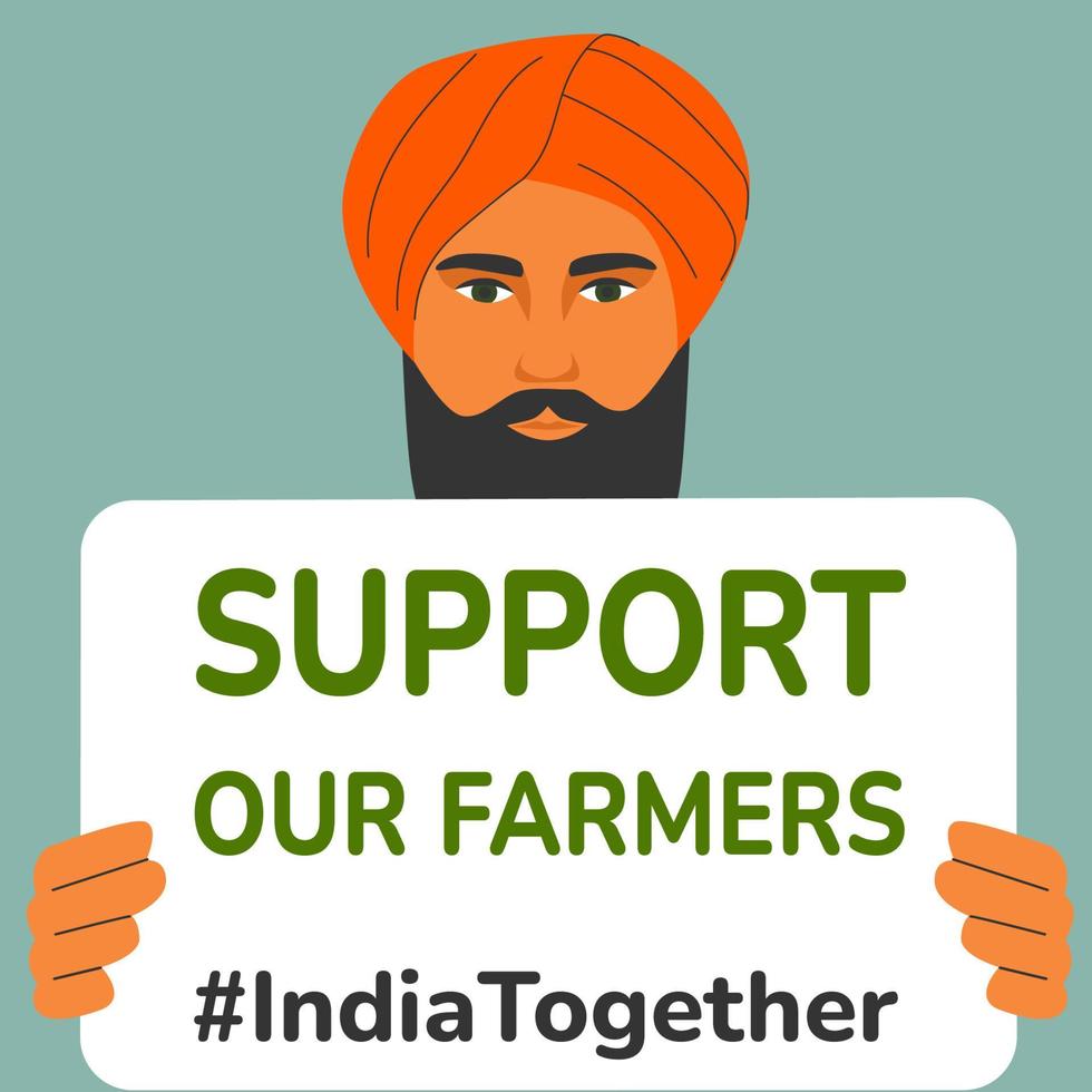 un apuesto hombre barbudo con turbante que sostiene una pancarta apoya a nuestros agricultores. india juntos. los granjeros de panjab protestan. crisis del cuerpo de paja blanca. Ilustración de vector de problemas agrarios