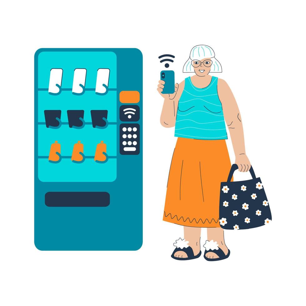 Granparents contactless payment using mobile phone. Senior grandma cardless smartphone application pay. Elderly generation woman new technologies. Oldies employs vending machine. Vector illustration.