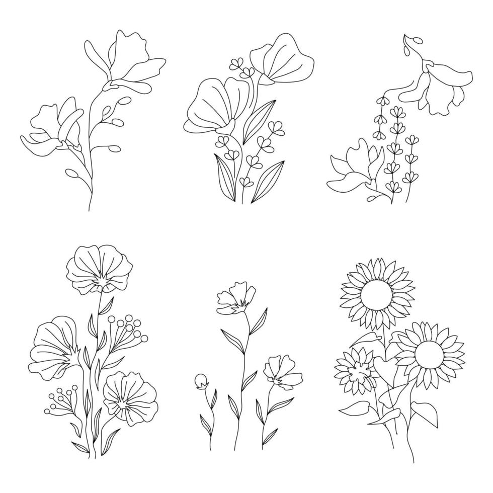 conjunto de diseño de flores de arte lineal. motivos florales para la cubierta de arte de la pared con estampado de tatuajes. magnolia, crisantemo, lavanda, amapola, shirley, girasol, hojas de rama de capullo de flor de helianto. ilustración vectorial vector