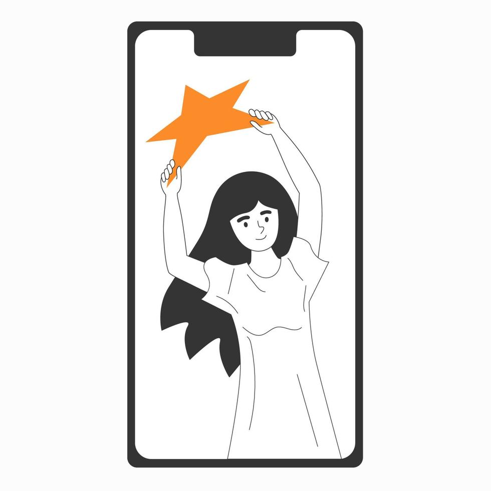 Feedback concept smartphone screen. Woman customer holding stars in hands. Client positive reaction high ranking concept. Best appraisal of business satisfaction. Review evaluation vector illustration