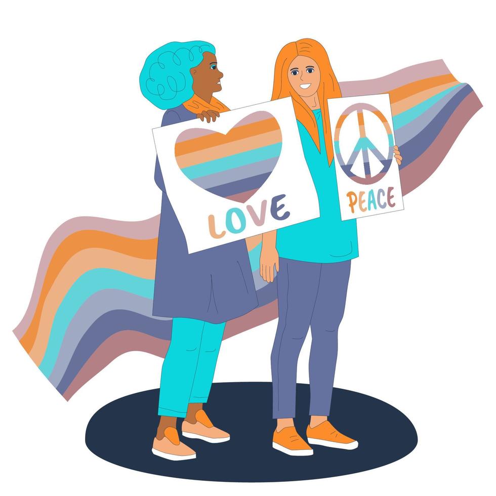 Woman protest. Lgbtq diversity rainbow supporting concept. Rainbow lgbt flag wave. Happy pride day. Love and peace slogan. Happy lesbian couple with placards. Heart and peace sign vector illustration