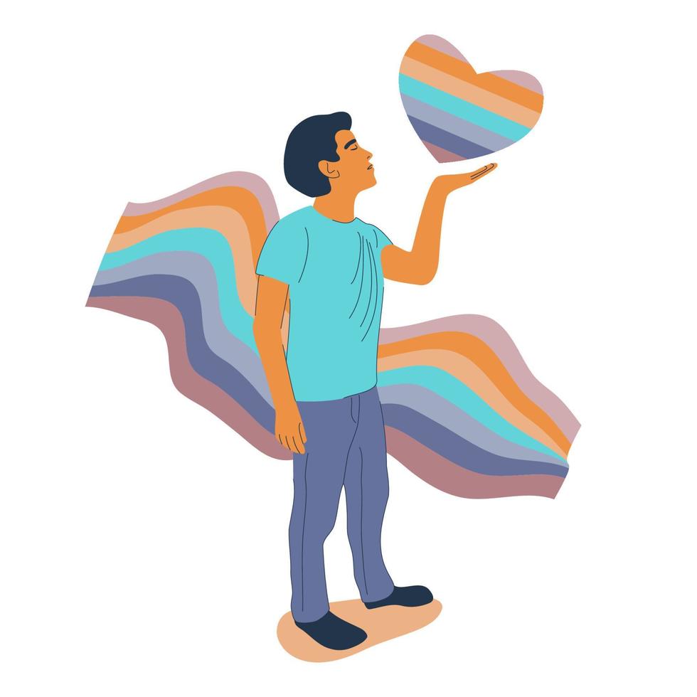 Man coming out concept. Open homosexuality. Guyl on pride LGBT rainbow ribbon background blow a kiss of rainbow heart. Love freedom. Flat vector illustration.