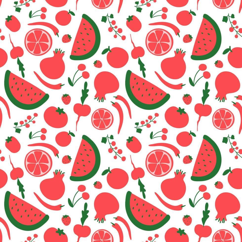 Seamless pattern with hand drawn red fruits vegetables berries. Fresh doodle cherry apple beetroot watermelon tomato pomegranate chilli. Vegetarian healthy farm local organic food vector illustration