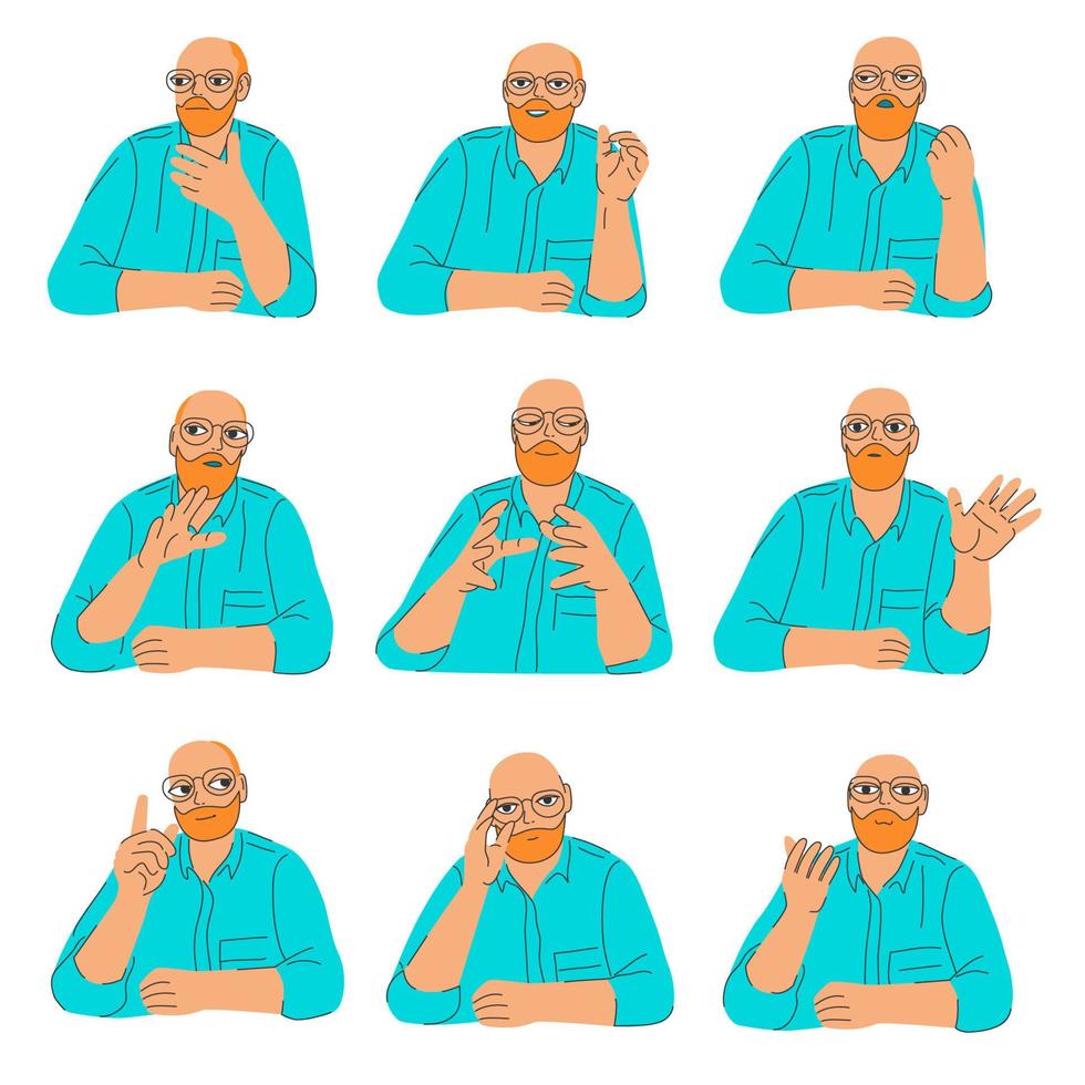 Male expert or blogger set. Handsome bearded man in glasses with different expressions and gestures. Flat character for presentation, product card, advertising, plot vector illustration