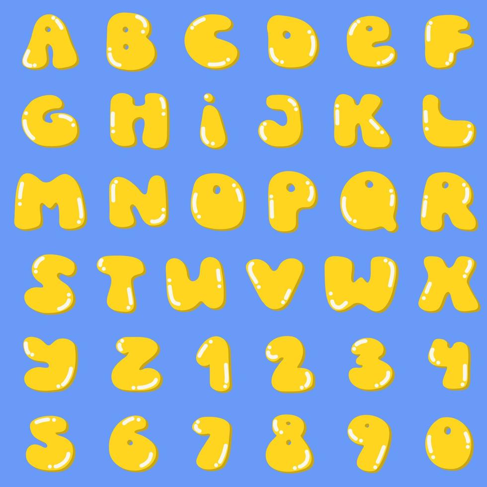 Groovy hippie plump letters and numbers. Yellow yolk shape font with figures, sunny side up fried egg motifs alphabet on blue background. For cute funny psychedelic text card. Vector Illustration