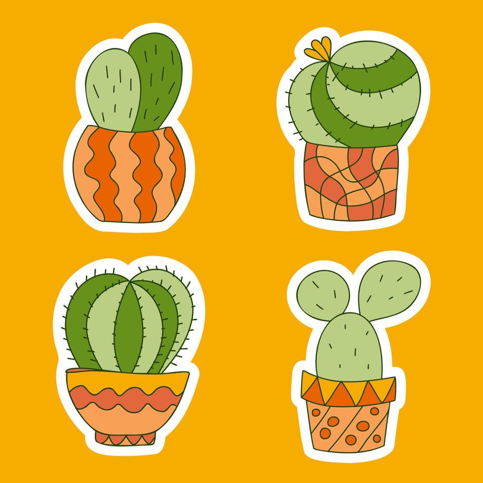 lindas pegatinas de cactus en macetas. divertido diseño de niños brillantes. color doodle plantas caseras dibujadas a mano. macetas con motivos de zentangle. perfecto para tarjetas de impresión de decoración de vivero textil. ilustración vectorial vector