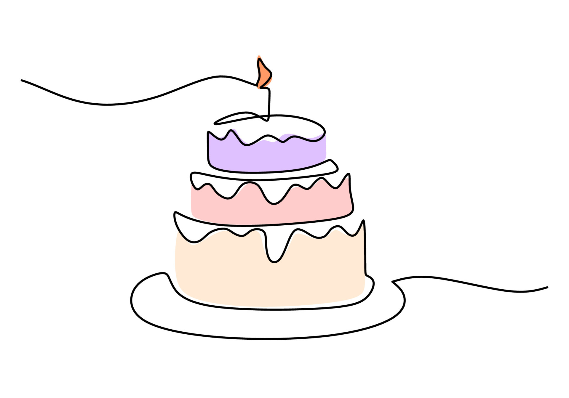 One continuous single line of birthday cake on white background