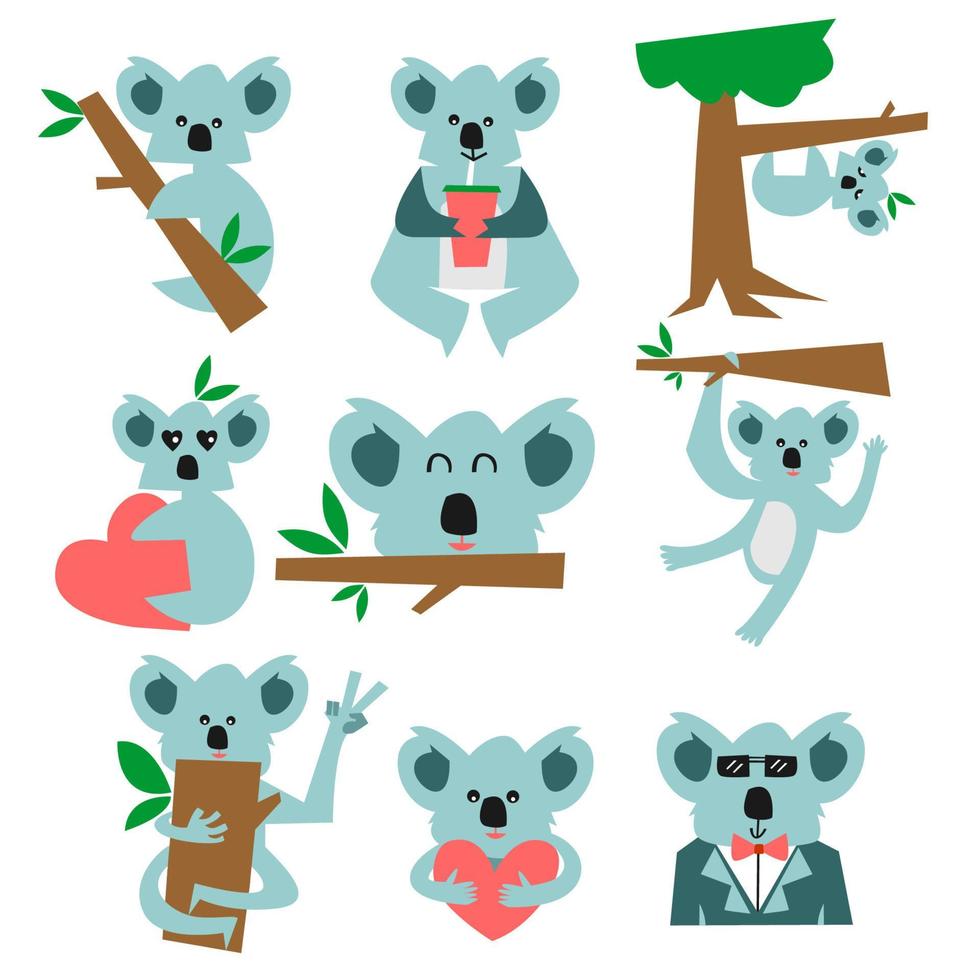 Nine cute koalas element isolated on white background. vector