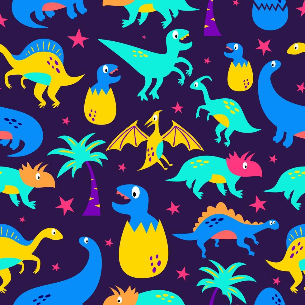 Cute dinosaurs seamless pattern isolated on purple background. vector