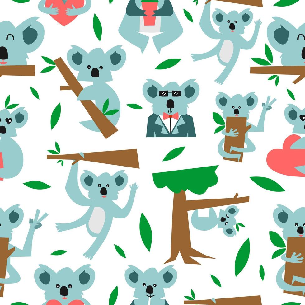 Cute koala seamless pattern isolated on white background. vector