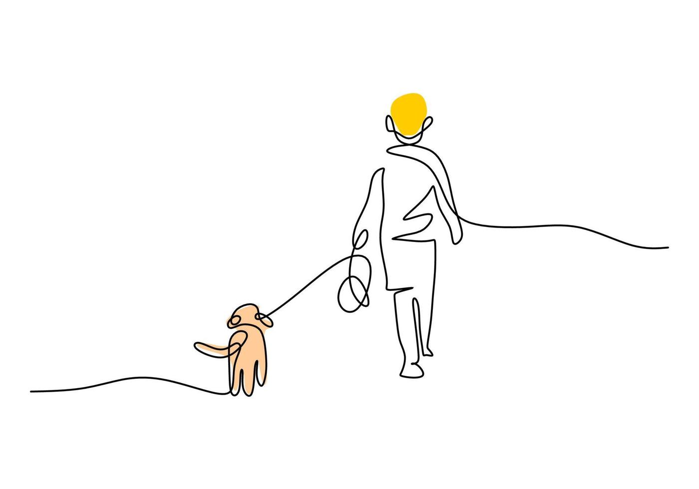 One continuous single line of man walk with dog on white background. vector