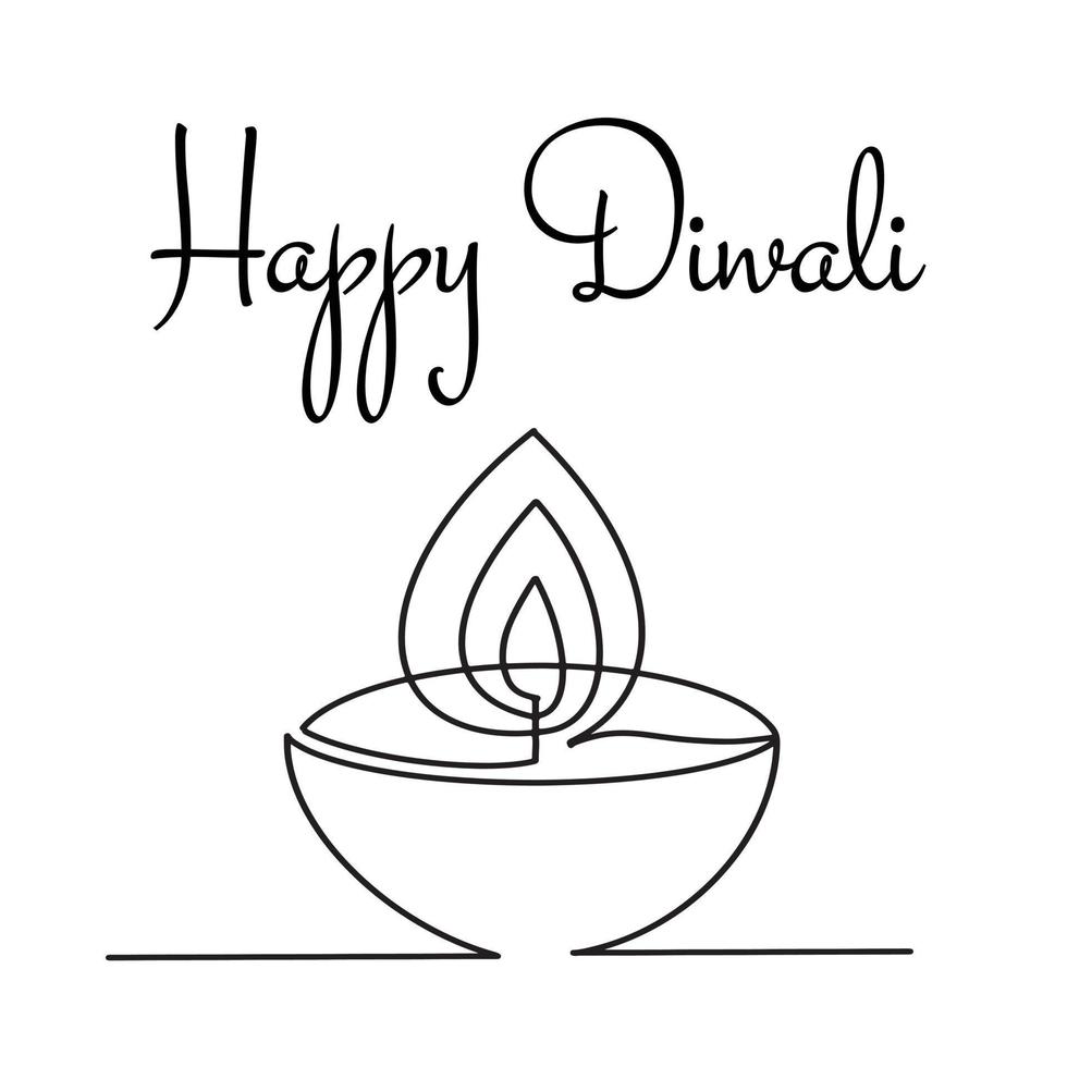 Continuous one line drawing oil lamp, candle burning flame. Black contour line simple minimalist isolated vector greeting card for Diwali festival celebration.