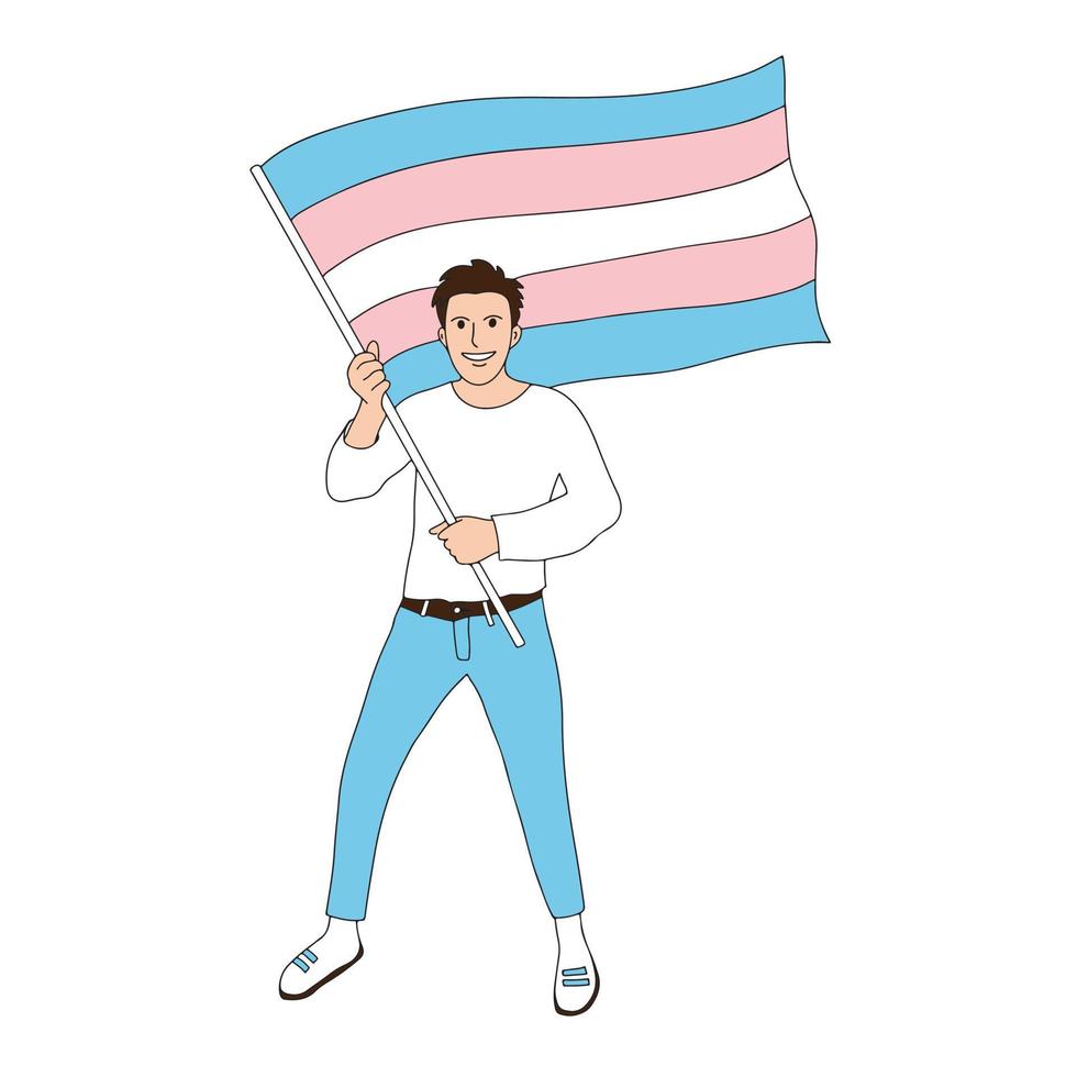 orgullo trans persona sosteniendo bandera transgénero. feliz activista lgbt, celebrando la semana de concientización transgénero. lindo personaje, elemento de diseño para pancartas, volantes. vector