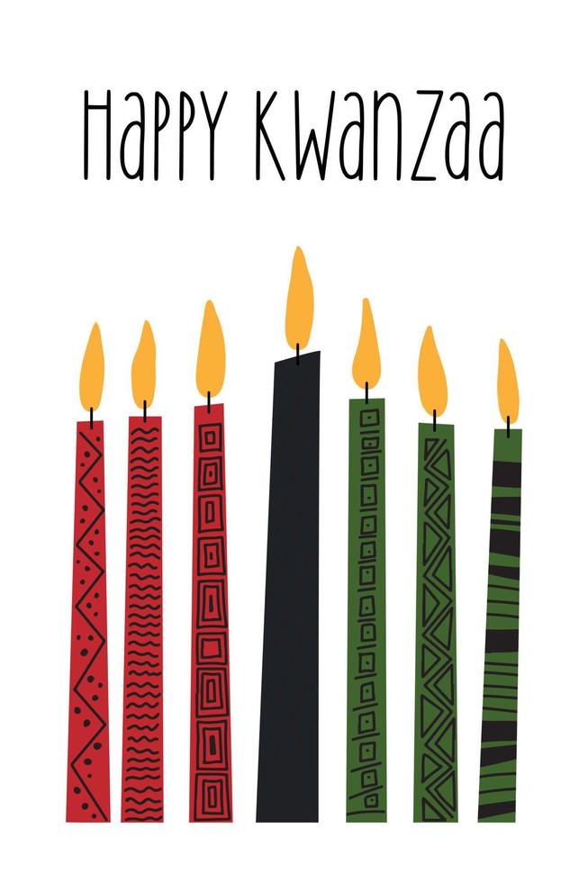 Kwanzaa clip art - seven long kinara candles - red, black, green. Cute simple clipart for African American Kwanzaa celebration holidayHappy Kwanzaa greeting card decorated with tribal ornament vector