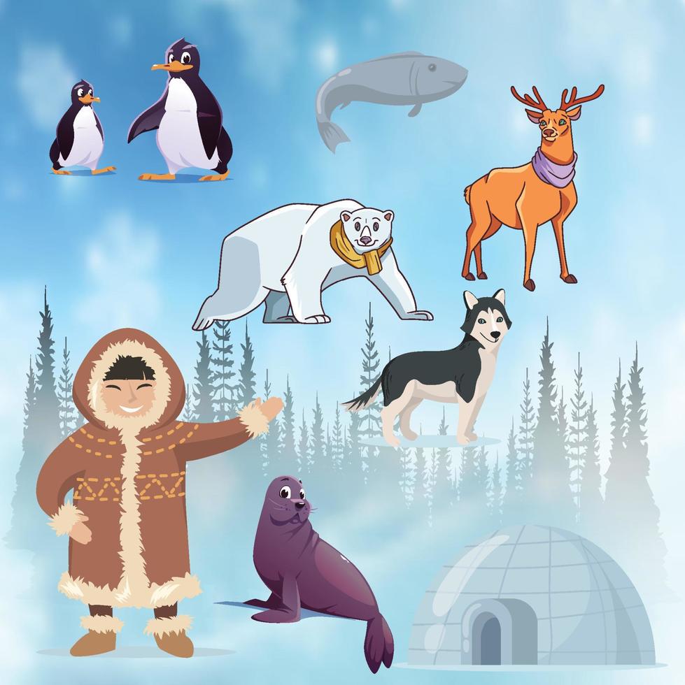 alaska elements happy inuits flat set vector