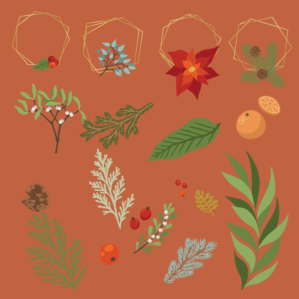 Hand drawing plants, branches, Herbal with gold frame vector