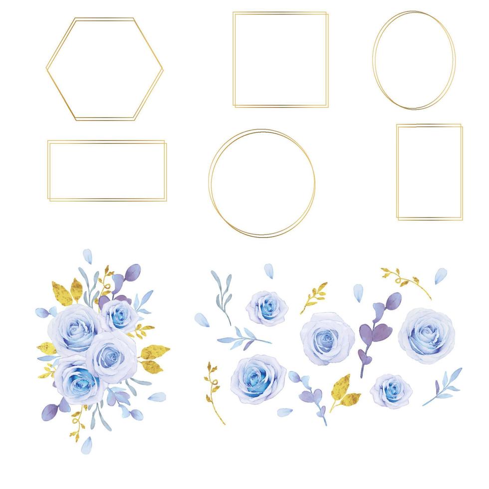 corona de ramas, rosas azules y marco dorado vector