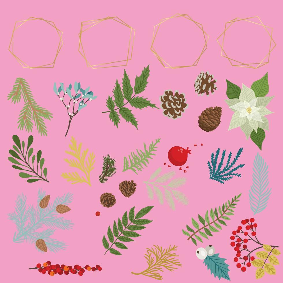 flowers herbs branches botanical doodles with gold frame set vector