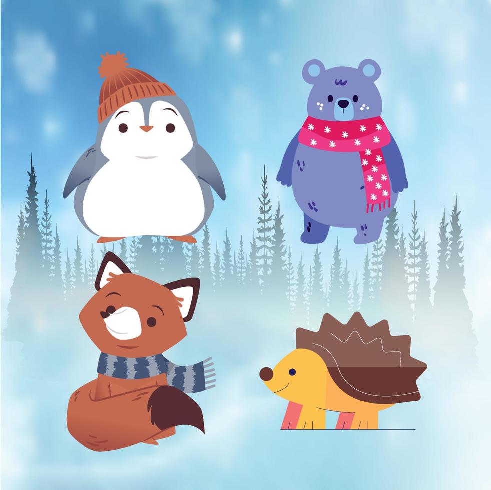 Cute animals in winter vector