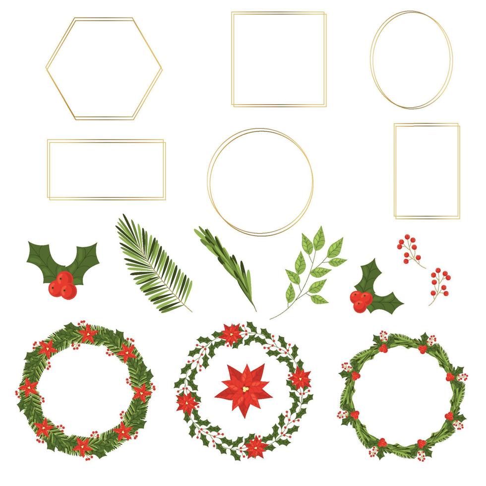 Christmas flower wreath and gold frame set vector