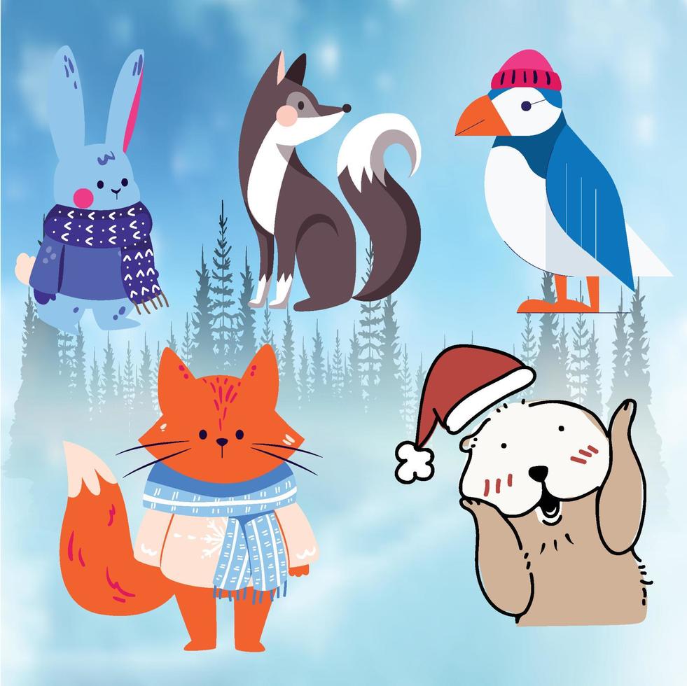 hand drawn flat winter animals collection vector
