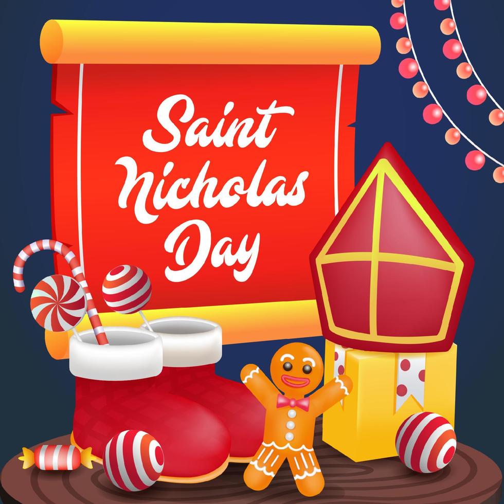 Saint Nicholas Day, gifts and sweets on the table vector