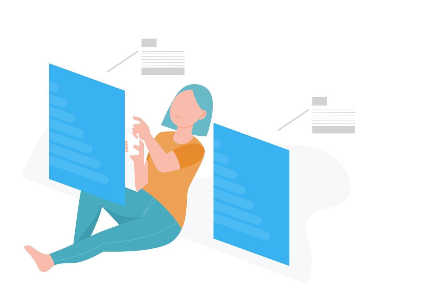 Business woman with virtual Reality technology at home, flat vector illustration.