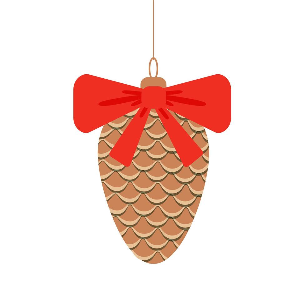 juguetes de vectores de año nuevo - cono de pino de juguete dorado con lazo rojo, ilustración vectorial escalable en blanco, para pantalla o diseño de impresión para tarjeta, pancarta, tarjeta de saludo