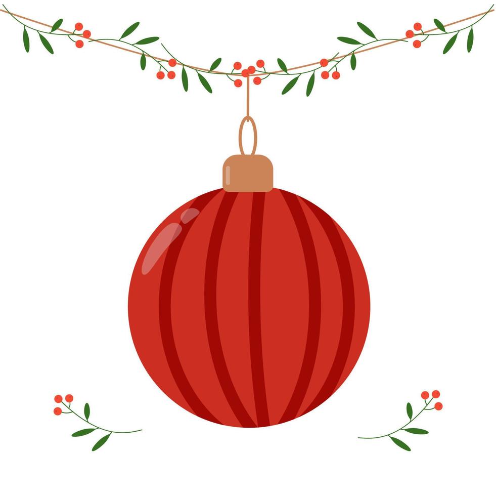 Christmas toy - red ball with gold elements on the white, scalable vector isolated illustration, for screen or print design for card, banner, Greeting Card Vector Design