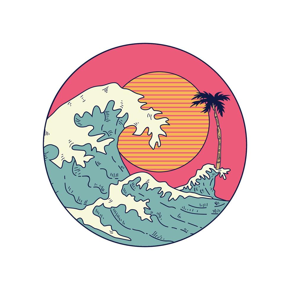 Retro Beach with Wave and Sun vector