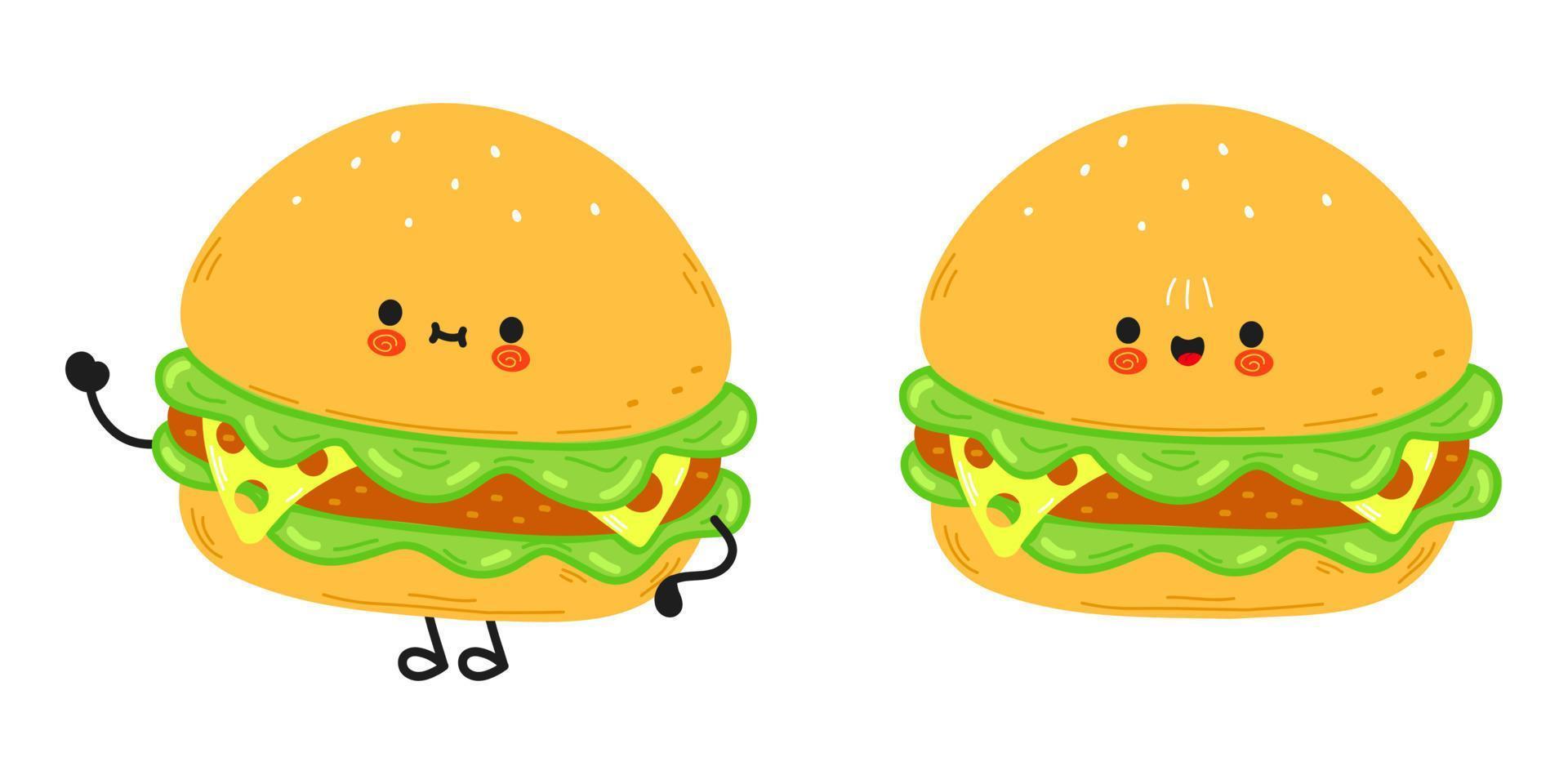 lindo personaje de hamburguesa divertido. icono de ilustración de personaje kawaii de dibujos animados dibujados a mano vectorial. aislado sobre fondo blanco. divertido concepto de personaje de hamburguesa vector