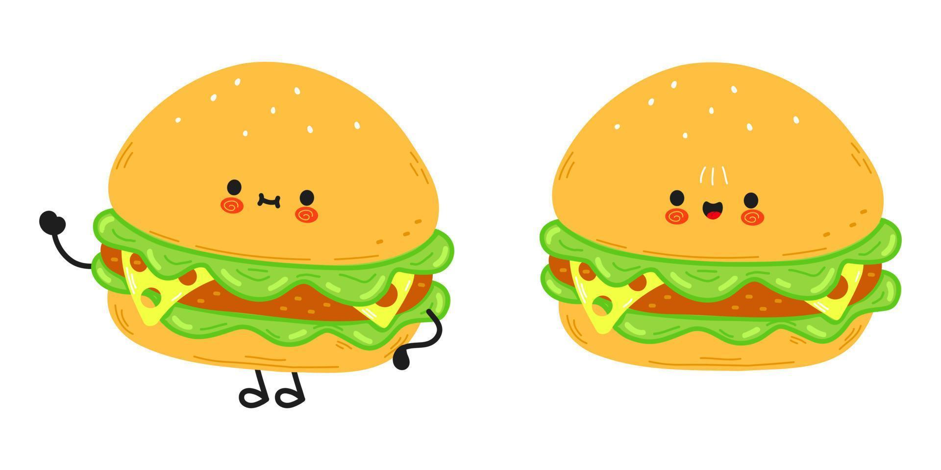 Cute funny hamburger character. Vector hand drawn cartoon kawaii character illustration icon. Isolated on white background. Fun Hamburger character concept