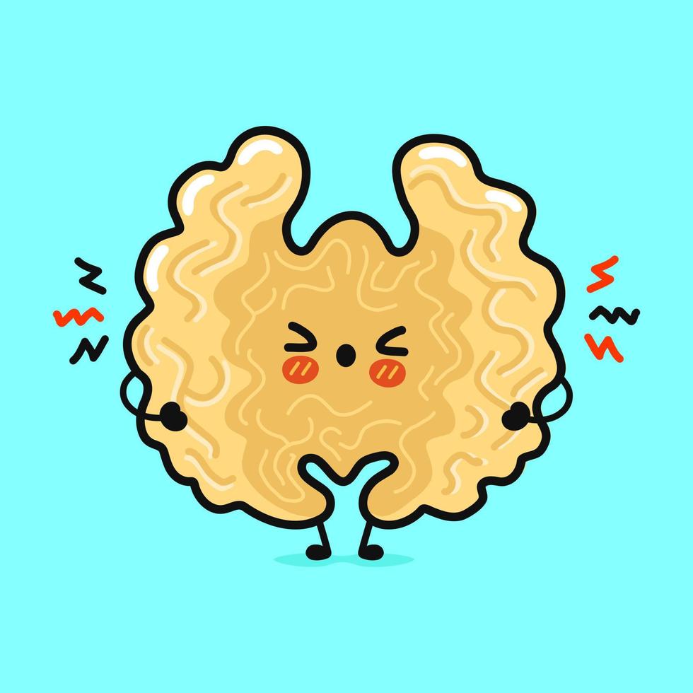 Cute angry walnut character. Vector hand drawn cartoon kawaii character illustration icon. Isolated on yellow background. Sad walnut character concept