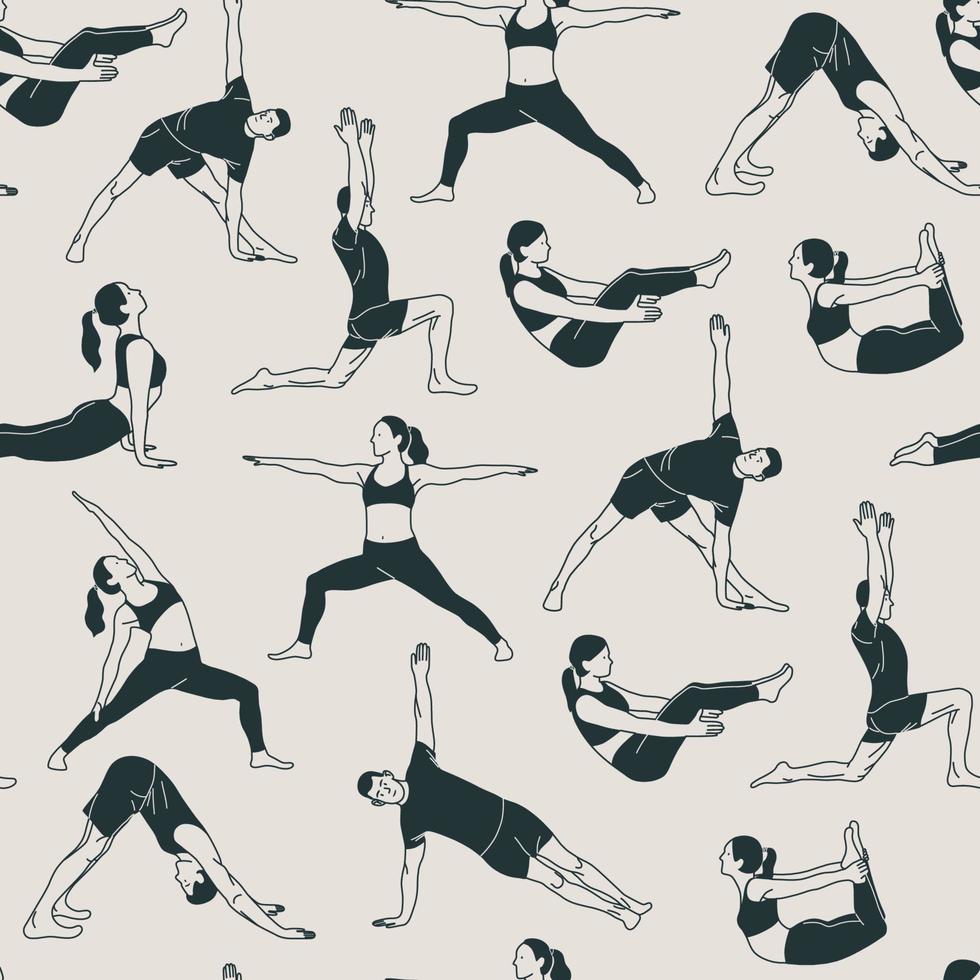 Seamless pattern with young people wearing sportswear doing yoga. The concept of sport, gym, yoga, pilates, fitness, meditation and relax. Health care and lifestyle concept. Vector illustration.