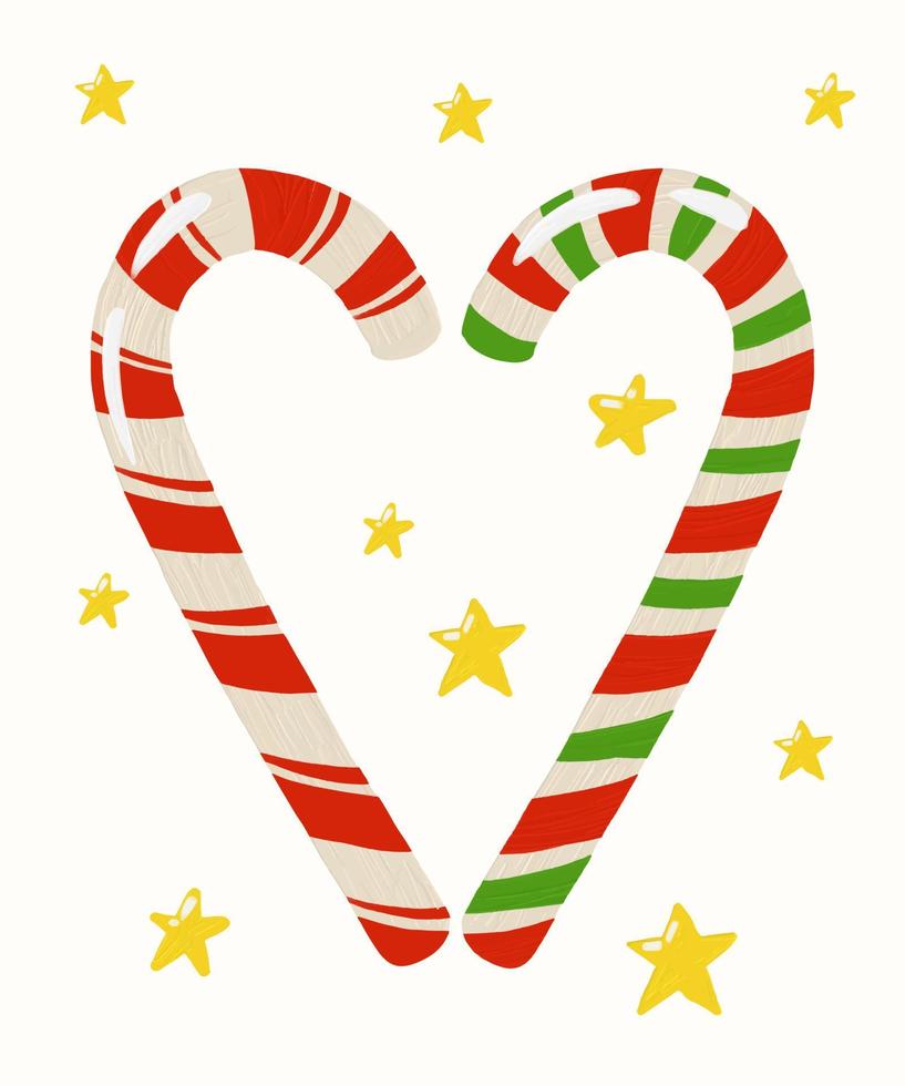 Christmas sweets and candies in heart shape with stars hand drawn illustrations. Variety of candies icons with oil paints texture. Xmas set vector