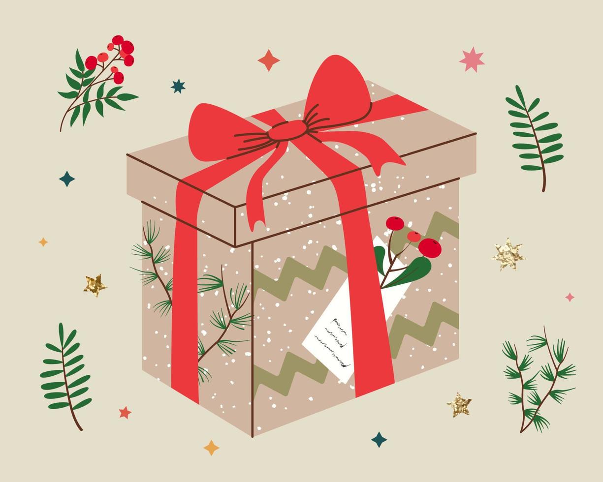 Christmas gift in kraft paper with tag and branches. Present box in craft wrapping paper with bow and branches. Colored flat vector illustration isolated on background.