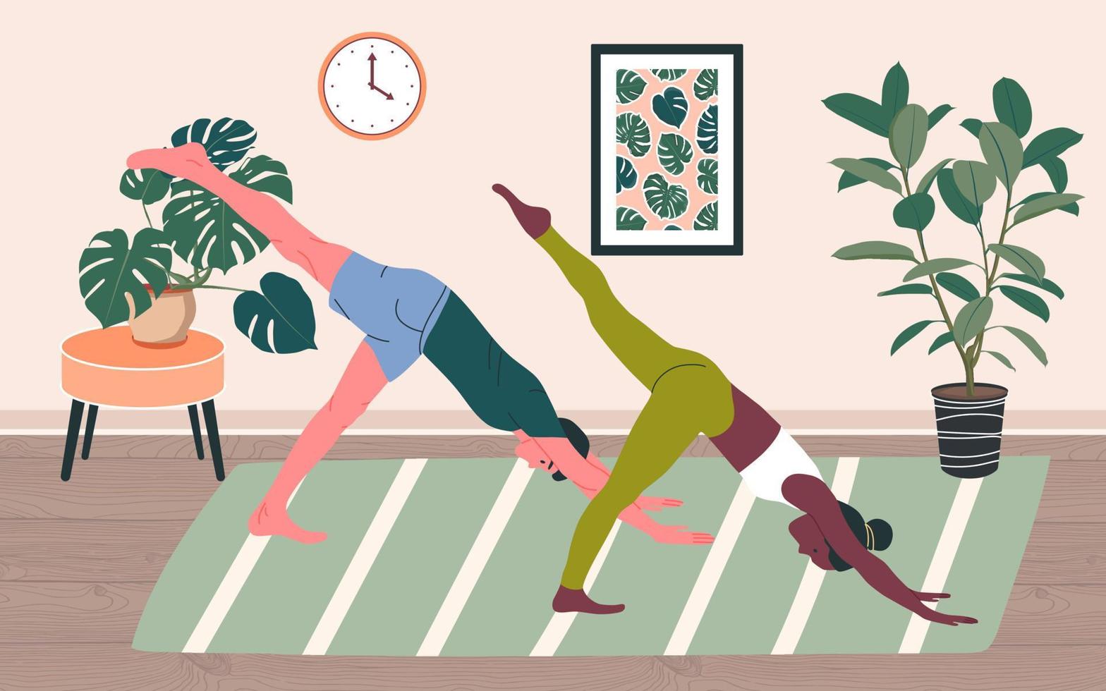 Couple doing yoga at home. Yoga exercise vector illustration. Cartoon style  people doing yoga, asana pose, workout at home. Exercise together. Interior  background. 13171873 Vector Art at Vecteezy