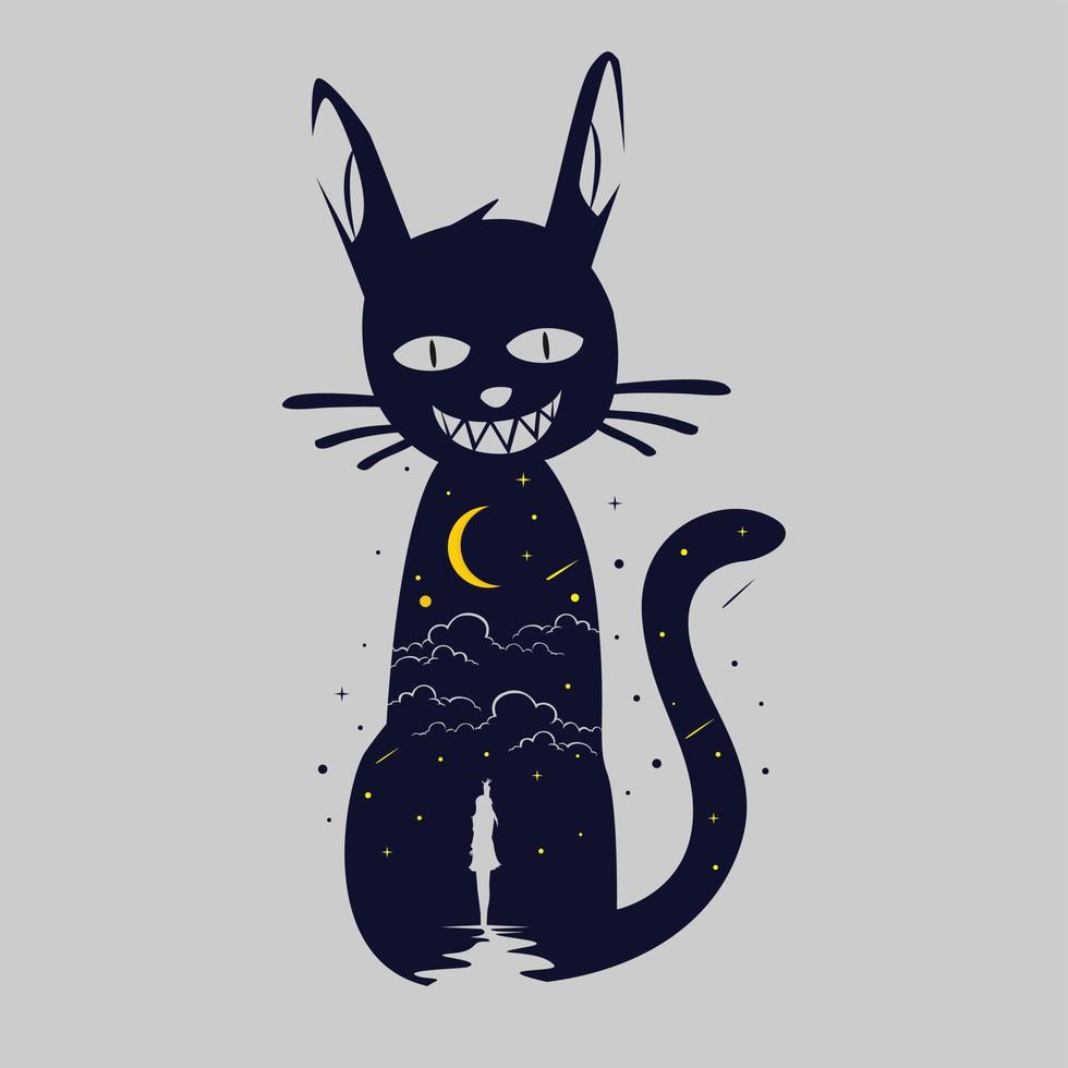 silueta, vector, ilustración, de, gato negro, y, niña, silueta, en, noche vector