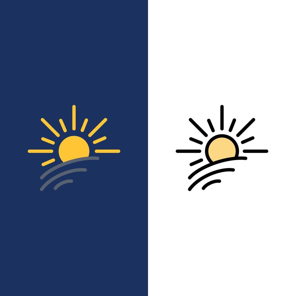 brillo luz sol primavera iconos planos y llenos de línea conjunto de iconos vector fondo azul