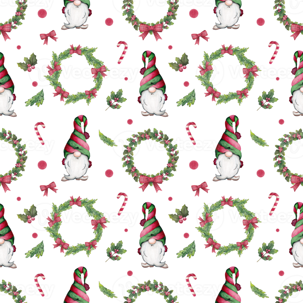 patrón de navidad transparente acuarela con gnomos, abetos, coronas, ramas de abeto, dulces y acebo. png