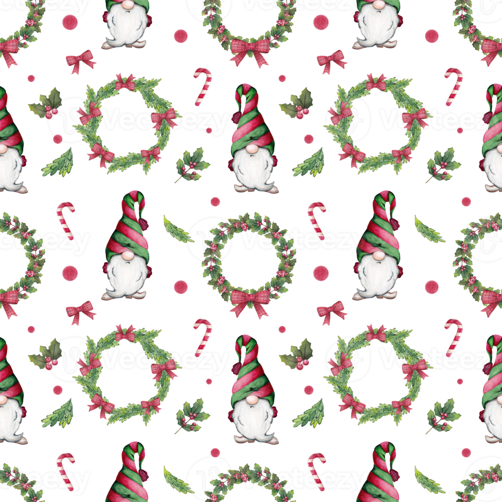 Watercolor seamless christmas pattern with gnomes, fir trees, wreaths, fir branches, candies and holly. png