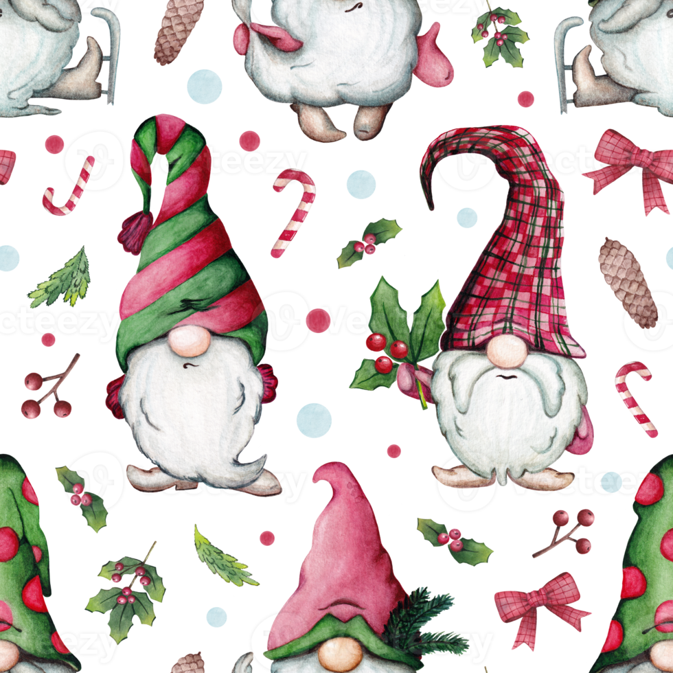 Watercolor seamless Christmas pattern with gnomes, fir trees, fir branches, berries, candies and holly. png