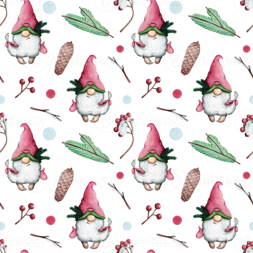 Watercolor seamless Christmas pattern with gnomes, fir trees, cones, berries and holly. png