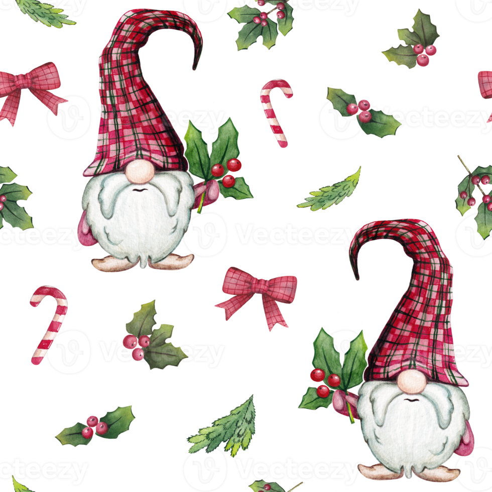 Watercolor seamless christmas pattern with gnomes, fir trees, candy canes and holly. png