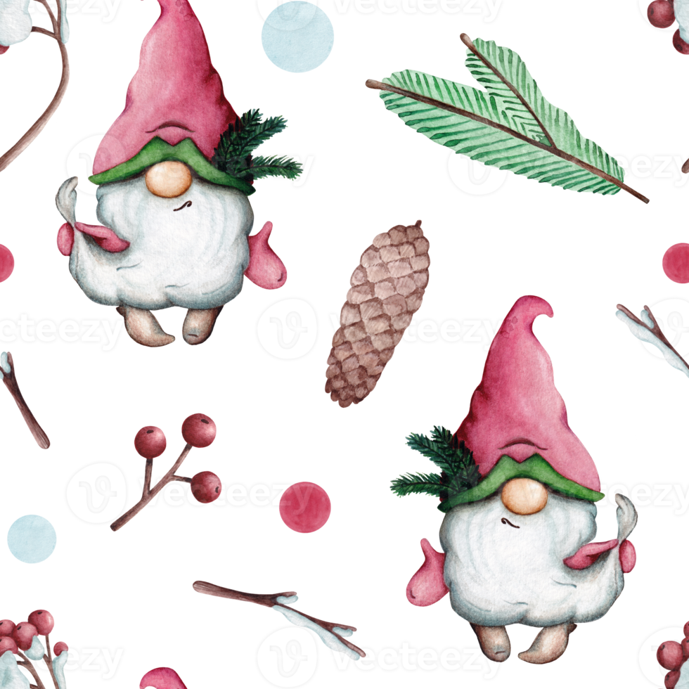 Watercolor seamless Christmas pattern with gnomes, fir trees, cones, berries and holly. png