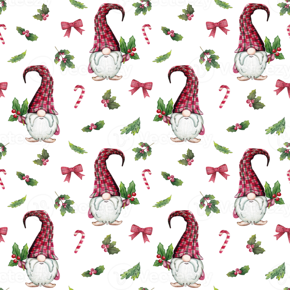 Watercolor seamless christmas pattern with gnomes, fir trees, candy canes and holly. png