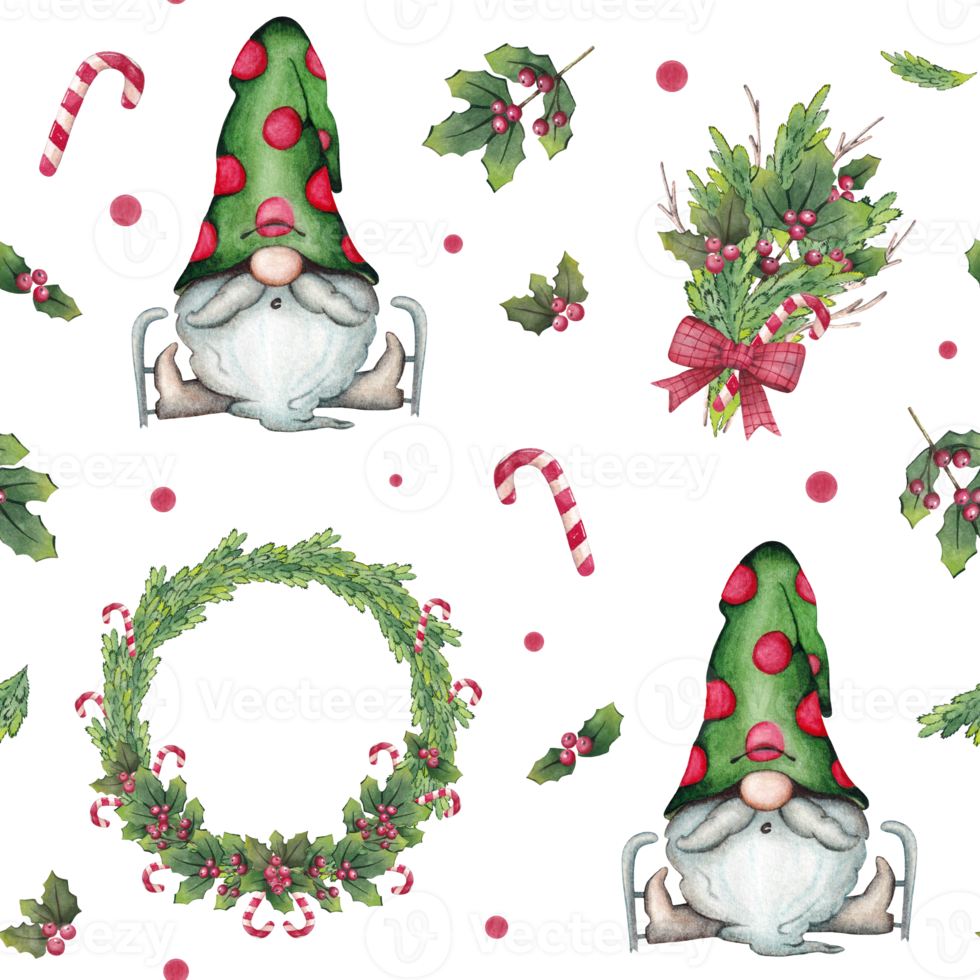 Watercolor seamless christmas pattern with gnomes, fir trees, wreaths, fir branches, candies and holly. png