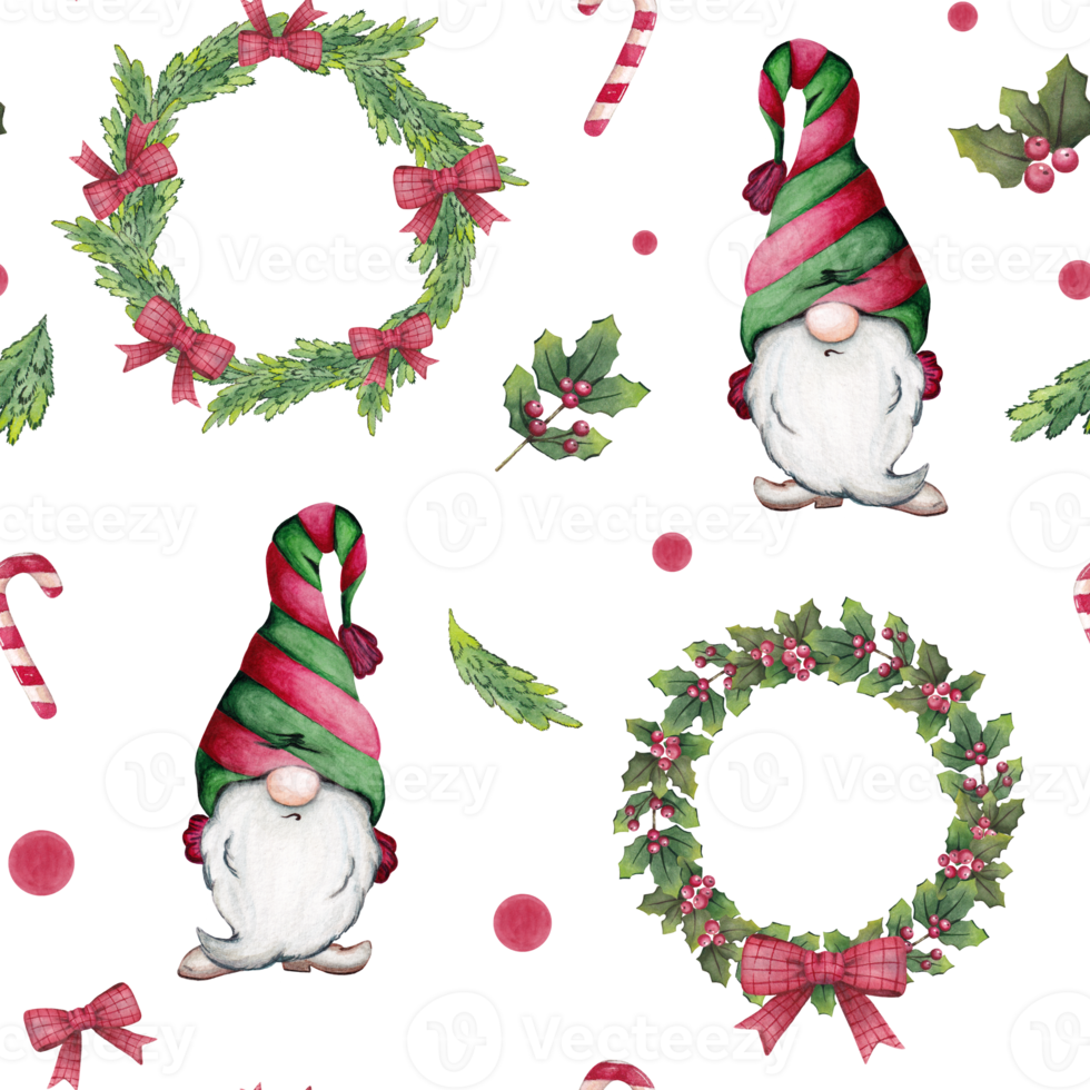 Watercolor seamless christmas pattern with gnomes, fir trees, wreaths, fir branches, candies and holly. png