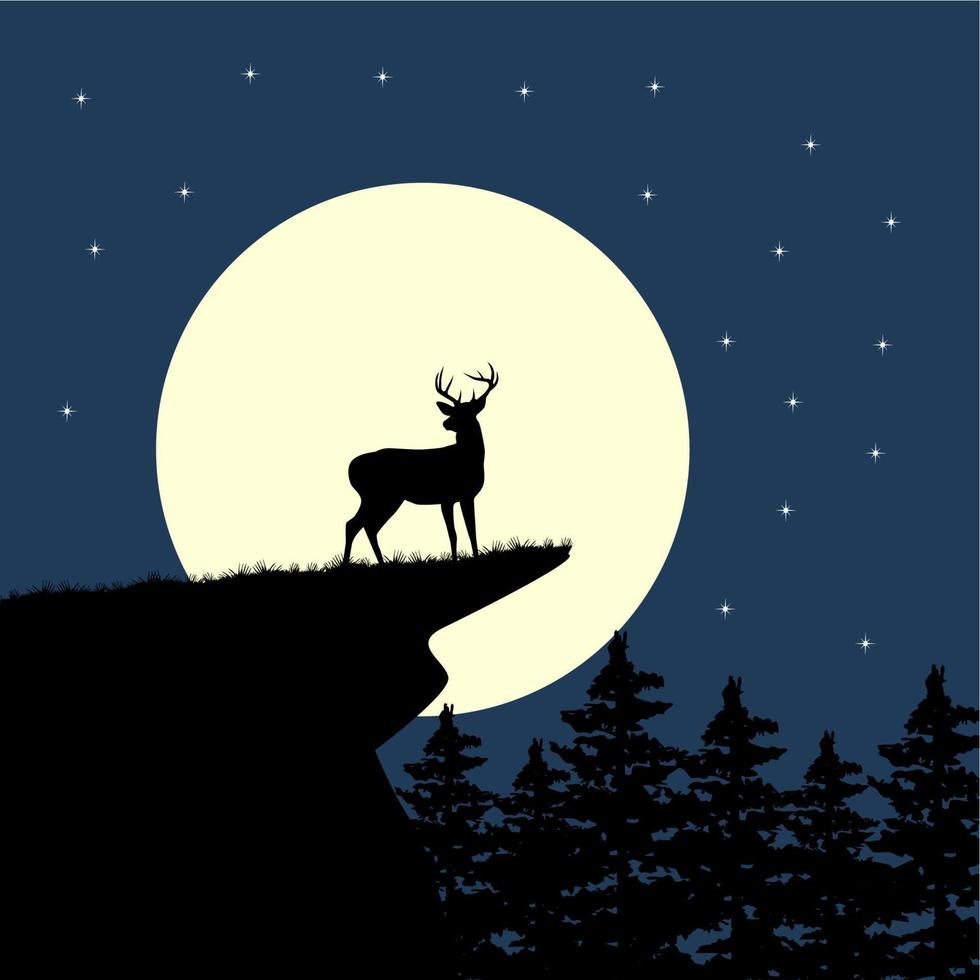 Deer Silhouette on a hill in the moonlight vector illustration.